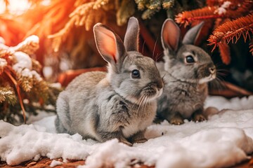Naklejka premium Two Rabbits in Snowy Forest Setting