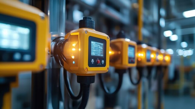 Close up of plcs with illuminated screens and buttons, controlling automated machinery in a contemporary manufacturing plant, ensuring efficient production processes