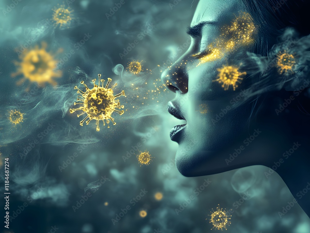 Aufkleber Close-Up Portrait of a Woman Emitting Particles Representing Viruses in a Mysterious Atmosphere with Soft Lighting and Ethereal Effects