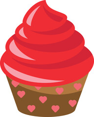 Illustration of red frosted cupcake with hearts.