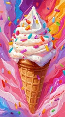 Delightful gelato cone art vibrant digital colorful fantasy background playful viewpoint sweet concept