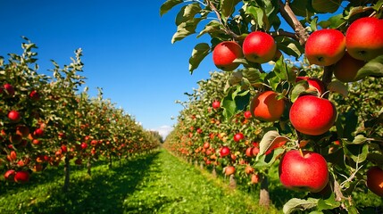 A lush orchard with apple trees full of ripe, red apples under a clear blue sky
