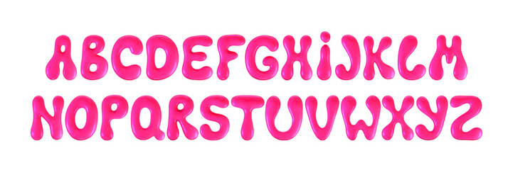 3d pink plastic bubble letters in y2k style isolated on a white background. Render of 3d cartoon balloon liquid alphabet with neon plastic effect in 90s style. 3d vector modern typography font