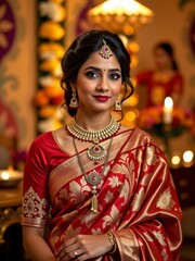Beautiful Indian Bride in Red Banarasi Silk Saree Gold Jewelry