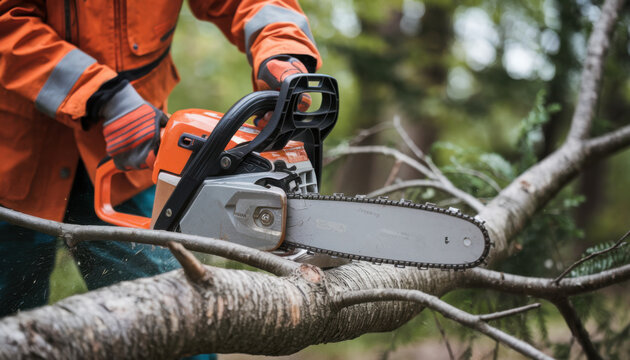 Worker trims tree branches with chainsaw outdoors. Protective gear like gloves, orange work clothes visible. Worker focused on precise pruning. Nature, safe work practices essential in forest
