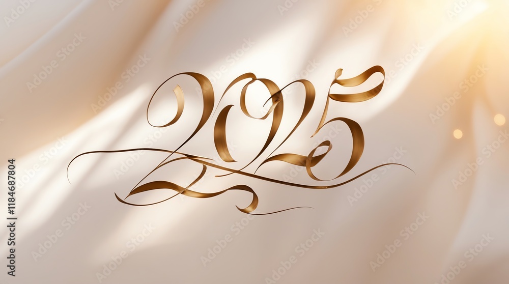 Poster elegant design featuring the year 2025 in a flowing, golden script on a soft background.