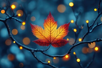 A vibrant autumn leaf glowing amidst twinkling lights on a branch, evoking a cozy seasonal atmosphere.
