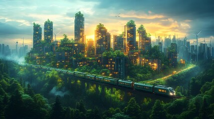 Fototapeta premium Futuristic Cityscape with Train and Green Trees at Sunset