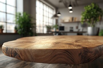 A close-up of a wooden table in a modern workspace with plants and natural light.