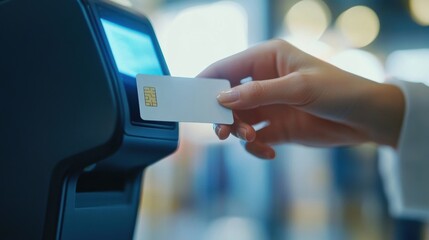 Businesswoman making a purchase using a contactless credit card at a point of sale terminal in a modern retail environment, highlighting the ease and speed of modern payment technologies