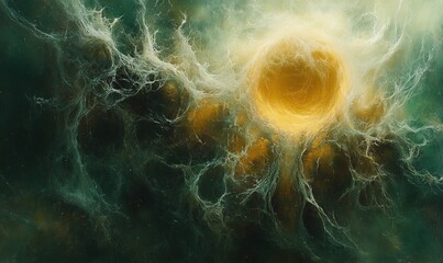 An abstract cosmic scene featuring a glowing orb surrounded by ethereal, swirling forms.
