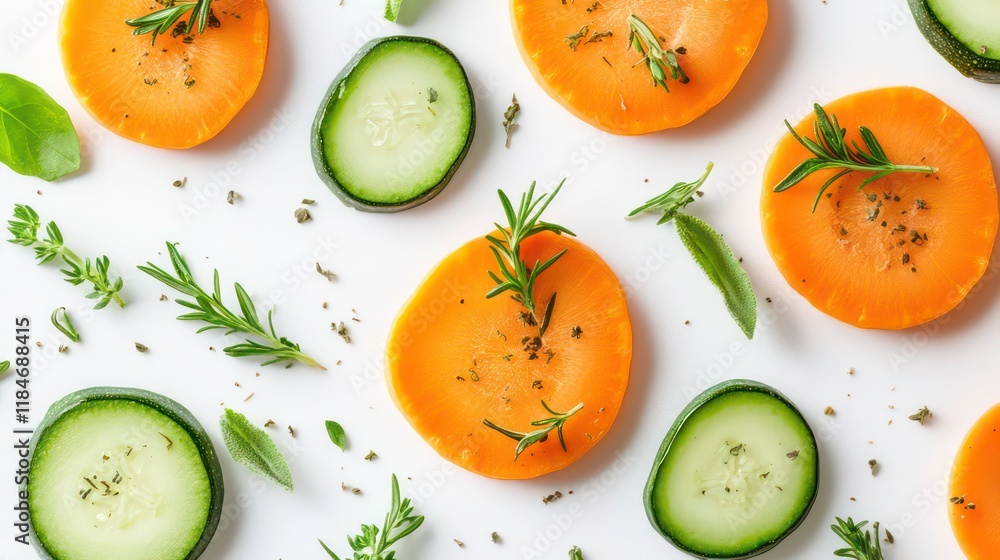 Poster sliced carrots and cucumbers with herbs on white background. (2)