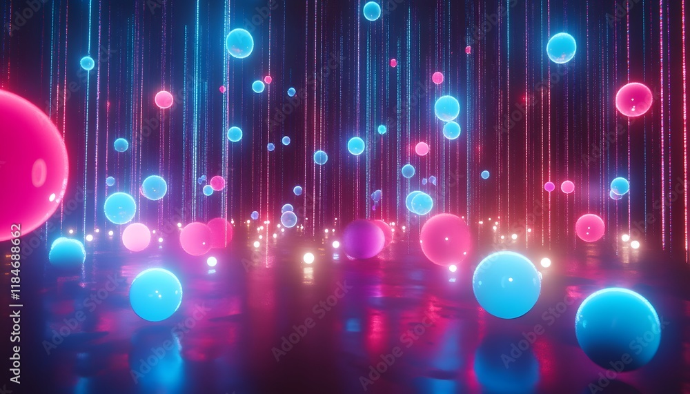 Poster Vibrant Abstract Sphere Display with Neon Lights and Colorful Gradients in a Futuristic Digital Environment