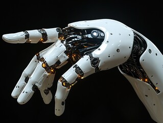 A close-up of a robotic hand showcasing intricate design and technology.