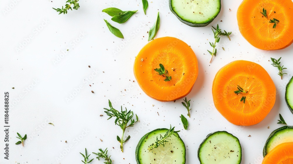 Poster sliced carrots and cucumbers with herbs on white background. (1)