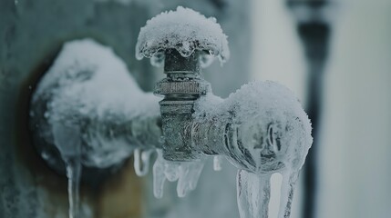 Frozen outdoor water faucet covered in layers of ice and frost. Concept of cold weather and wintertime challenges