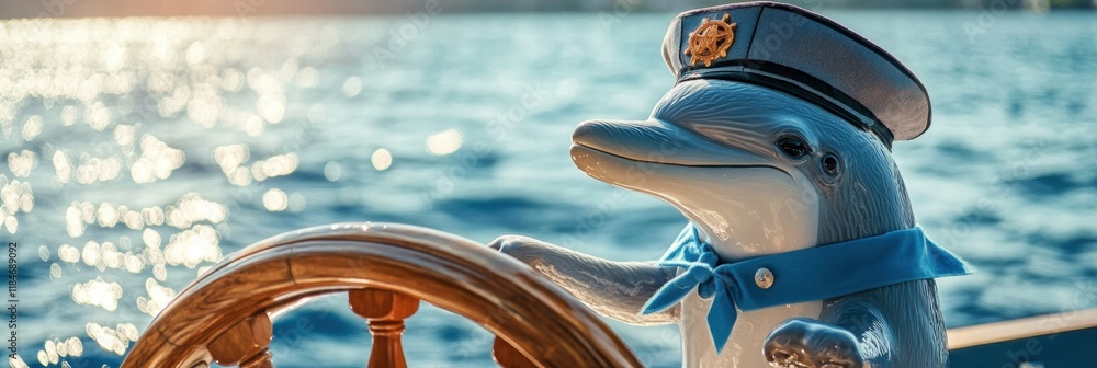 Poster Dolphin in captain attire navigating the ocean while holding a ships wheel under bright sunlight. Generative AI
