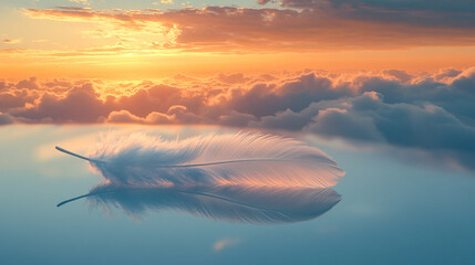 A delicate feather floating gently in the air, embodying freedom and lightness with a sense of calm and serenity, surrounded by empty space hinting at the chaos of life

