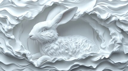 A white rabbit sculpture nestled in a textured, swirling white background.