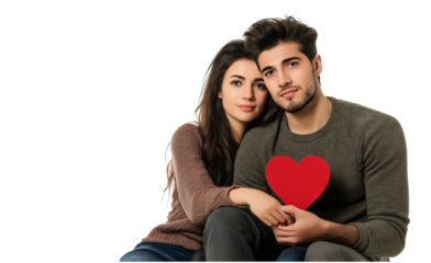 A sad couple sitting together, holding a cut-out heart, isolated on a transparent background png