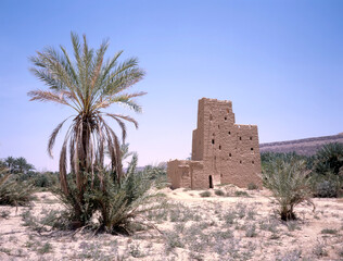 Ruined multi-storey buildings made of mud in Yemen