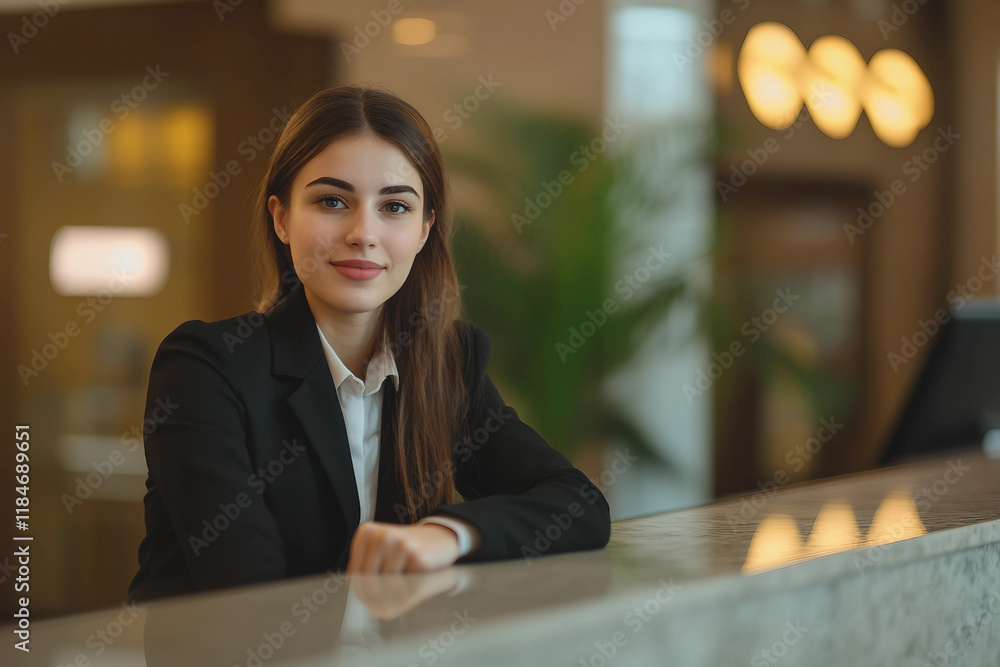 Poster happy receptionists cooperating while working on computer at hotel front desk, generative ai image