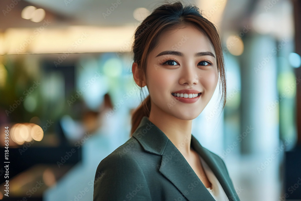 Poster happy receptionist talking to a customer at health spa generative ai image