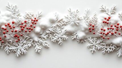 A festive arrangement featuring snowflakes and red berries on a white background.