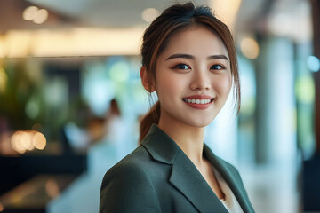 Happy receptionist talking to a customer at health spa generative AI image