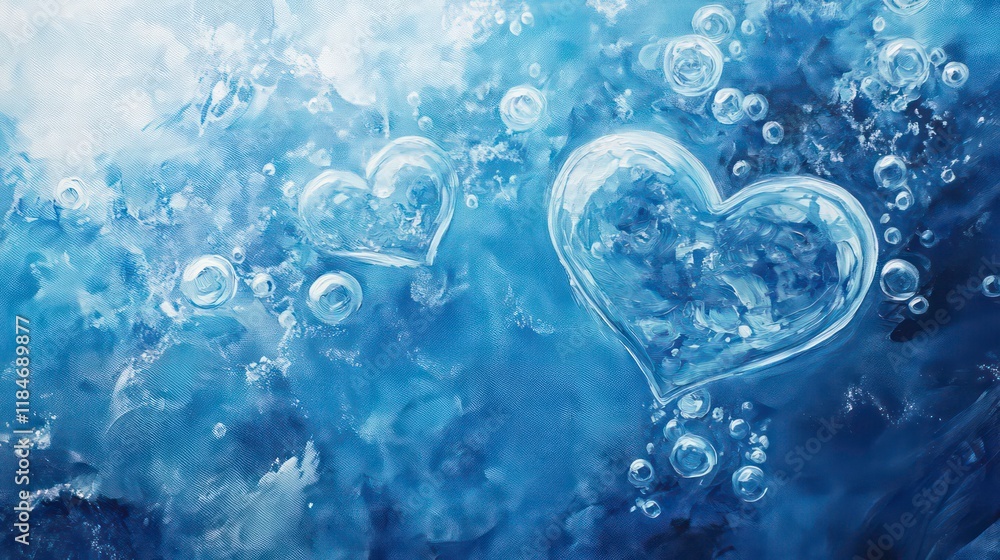Poster Two heart-shaped air bubbles trapped in a block of ice.