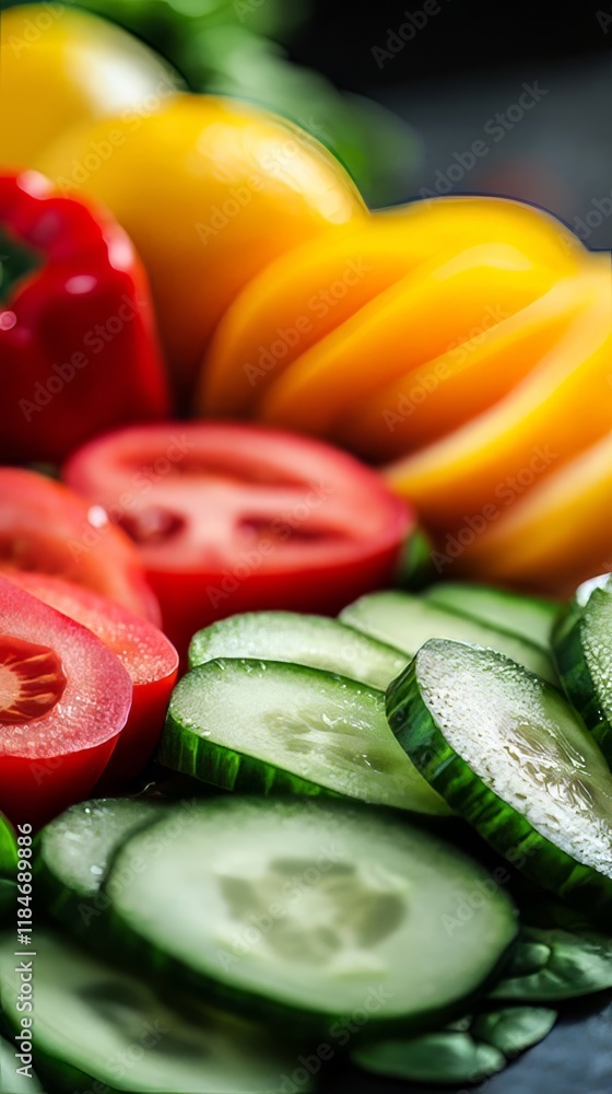 Poster freshly cut vegetables arranged on a dark surface, creating a colorful and appetizing display of hea