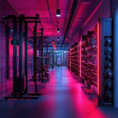 A modern gym interior illuminated with colorful lights, featuring workout equipment and weights.