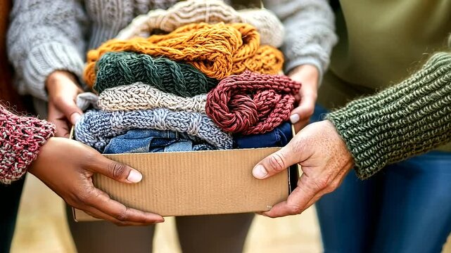 Volunteers Organizing Clothing Donations with Hopeful Ambiance