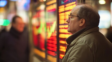 Senior investor analyzing real time stock market data and charts displayed on an electronic screen, making informed investment decisions in a dynamic financial environment