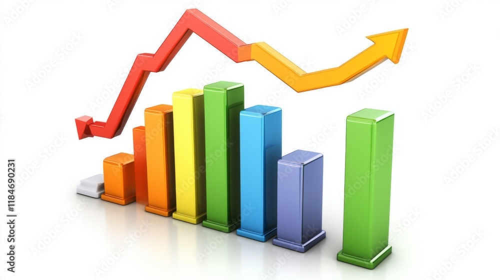 Aufkleber A D-rendered bar graph representing financial growth, with vibrant colors and arrows pointing upwards on a white background, symbolizing economic progress.