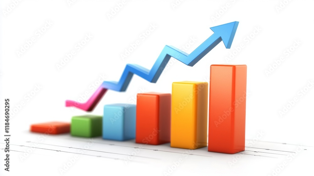 Poster a d-rendered bar graph representing financial growth, with vibrant colors and arrows pointing upward