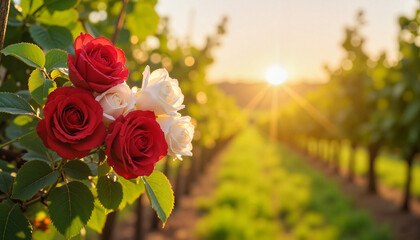 Red and white roses blooming in vineyard at golden hour, rural elegance