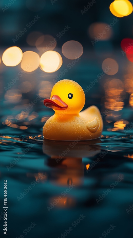 Poster yellow rubber duck floating on shadowy water, soft bokeh lights casting ethereal glow behind bathing