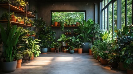 Fototapeta premium Lush indoor garden with various plants in modern pots, cozy and green aesthetic 