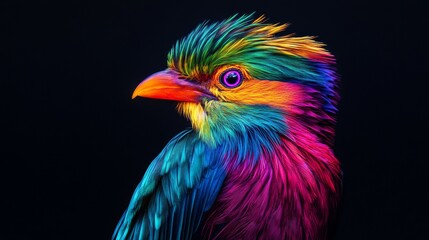 Fototapeta premium Colorful bird revealing radiant, iridescent feathers contrasting dramatically with shadowy background