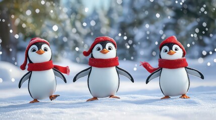Fototapeta premium Three adorable penguins in red hats and scarves waddle through a snowy winter wonderland.