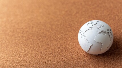 White globe model on corkboard background, depicting continents