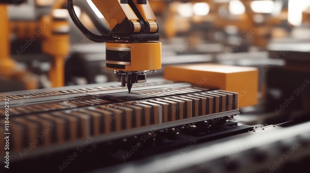 Poster modern robotic arm placing a microchip on a circuit board, automating the manufacturing process in a