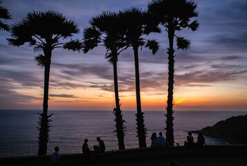 View of serene sunset over the ocean with palm trees and a picturesque coastline, Phuket, Thailand.
