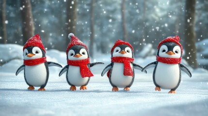 Fototapeta premium Four adorable cartoon penguins in red hats and scarves waddle through a snowy winter forest.