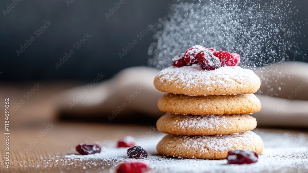 Poster stack of cookies with powdered sugar and berries