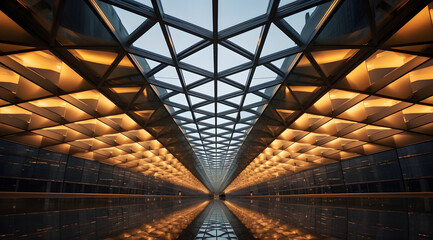 Futuristic corridor with glowing lights and reflections