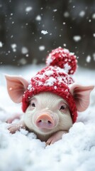 Cute piglet snuggling in red knitted hat, nestled amid falling snow during wintertime
