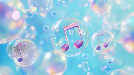 Bubbles shaped like musical notes floating in a soft blue background, creative and harmonious, colorful bubbles, music visualization