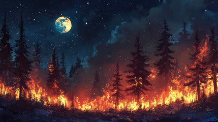 Naklejka premium Night forest fire scene with full moon and starry sky.